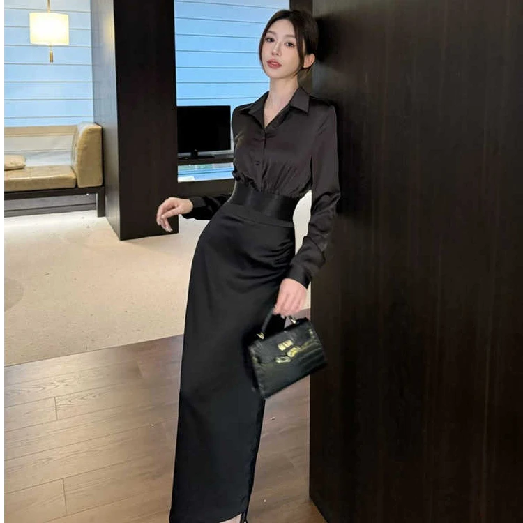 超好看独特漂亮套装女黑色衬衫春季穿搭一整套高级感新款半身裙潮