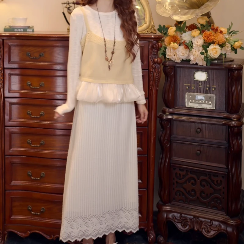 复古长袖针织两件套宽松上衣+高腰复古百搭中长款半身裙LK2505836