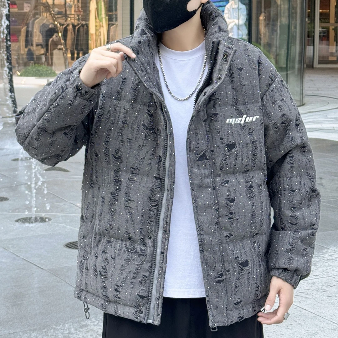 CB-8889-秋冬季新款时尚百搭男女同款破洞爆闪棉服外套*街