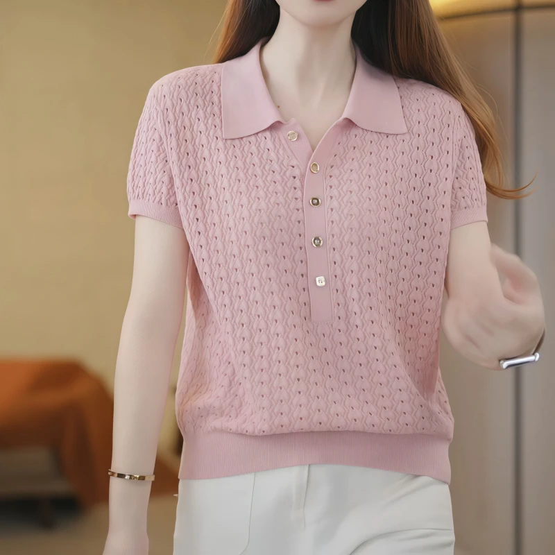 冰凉~透气夏季新款中年女装镂空翻领短袖宽松套头针织上衣女