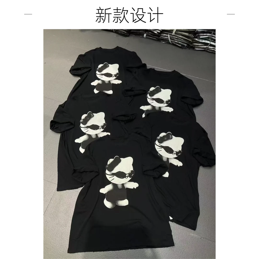 【杨英家】渐变复古动漫国潮卡通猫咪阔版显瘦T恤9065