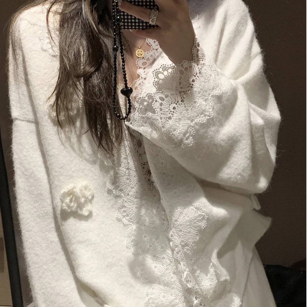 勾花蕾丝拼接毛衣针织衫女2025秋季新款宽松慵懒温柔风开衫上衣服