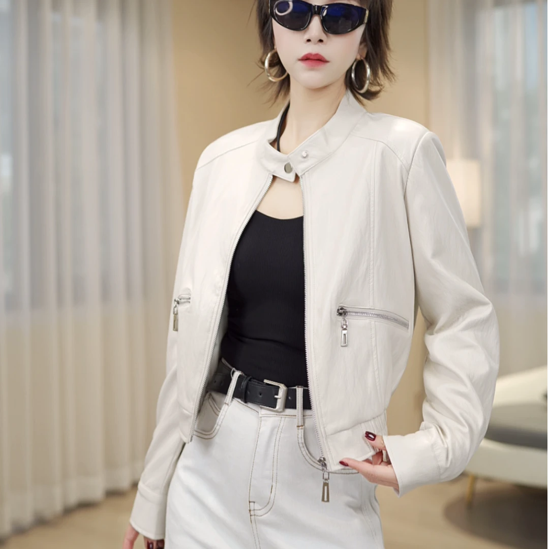 欧若风棒球款皮衣春季新款时尚百搭拉链设计纯色短外套潮小个子