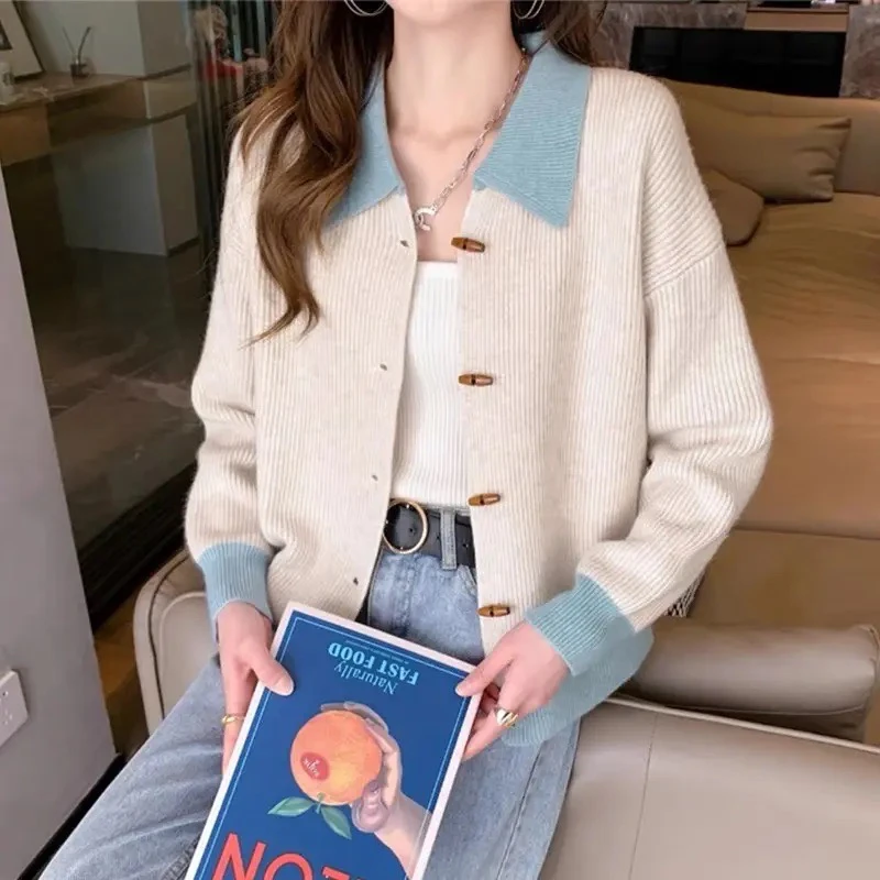 娃娃领牛角扣拼色针织开衫韩版宽松加厚女长袖外套百搭秋冬外穿