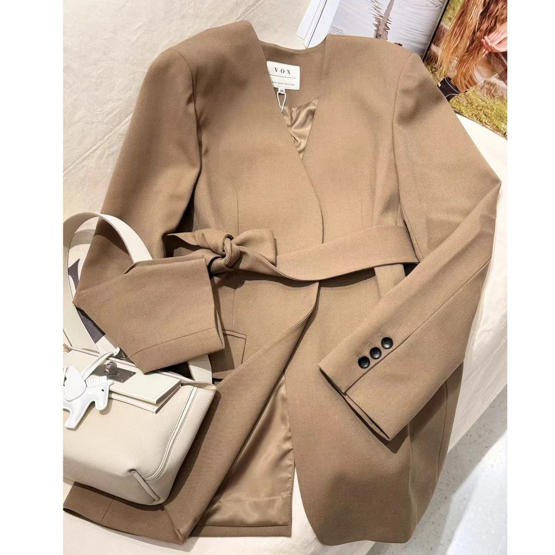 [68岁小姐姐]2025春季新款无领腰带气质通勤短款西服外套VO 3801