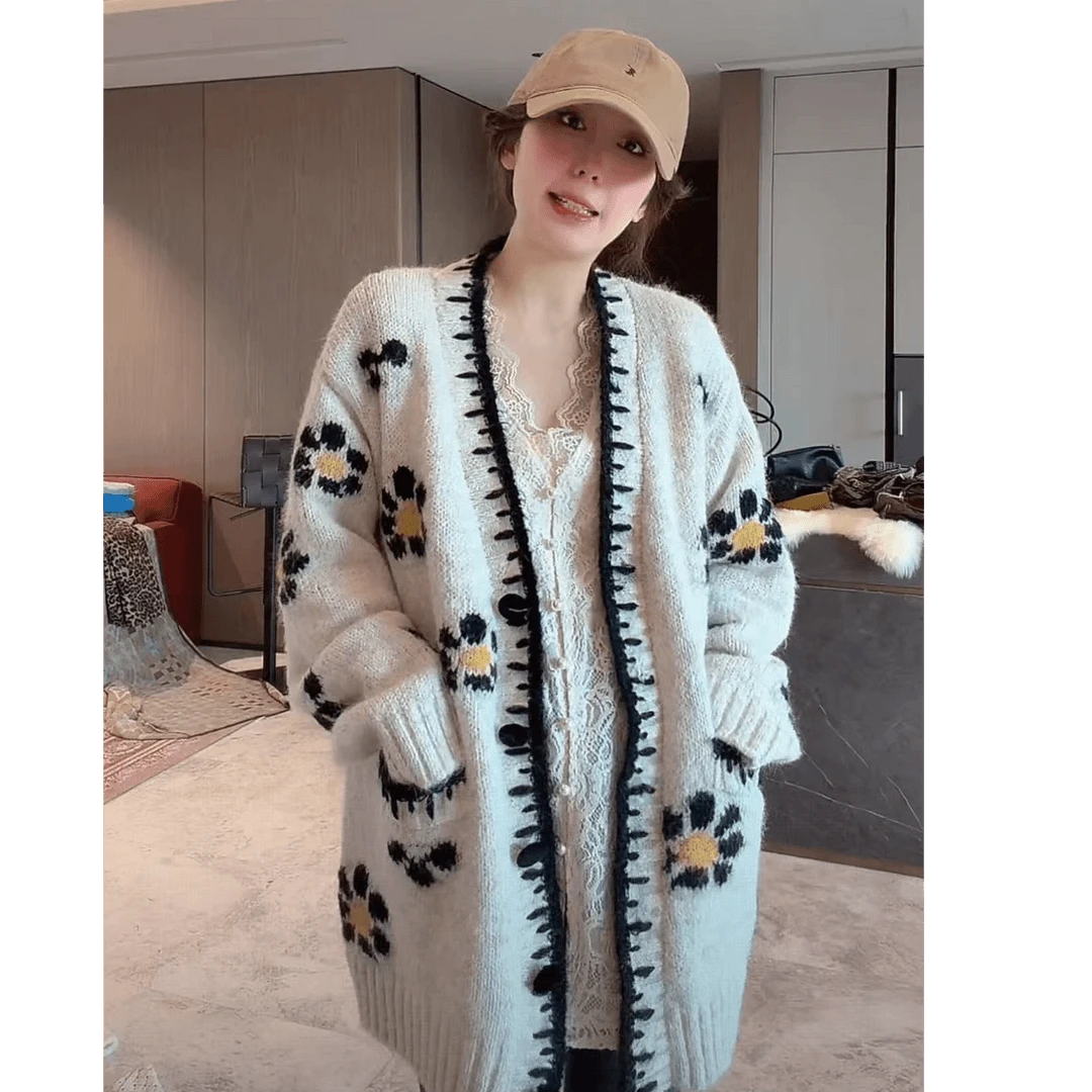 韩版宽松针织毛衣外套花朵撞色套V领时尚雪纺衫上衣两件套