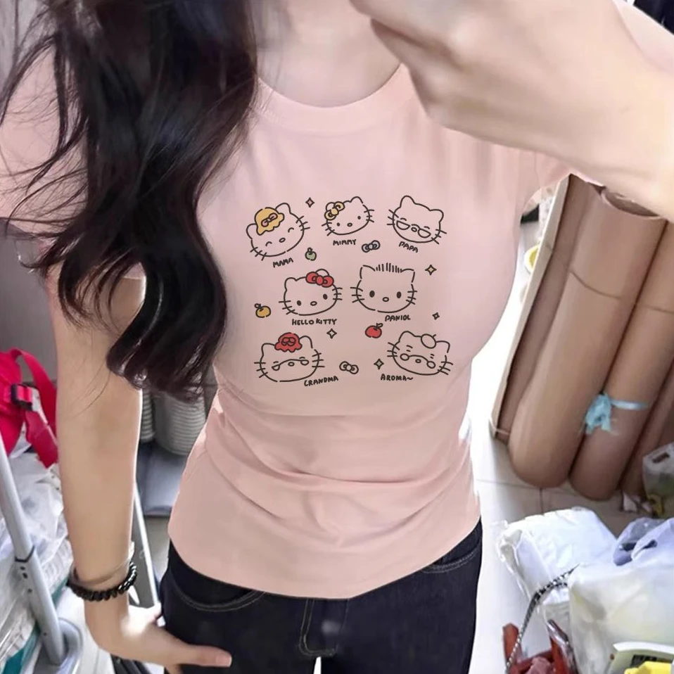 2025新款夏季圆领正肩短袖T恤修身显瘦辣妹气质收腰纯欲风上衣女