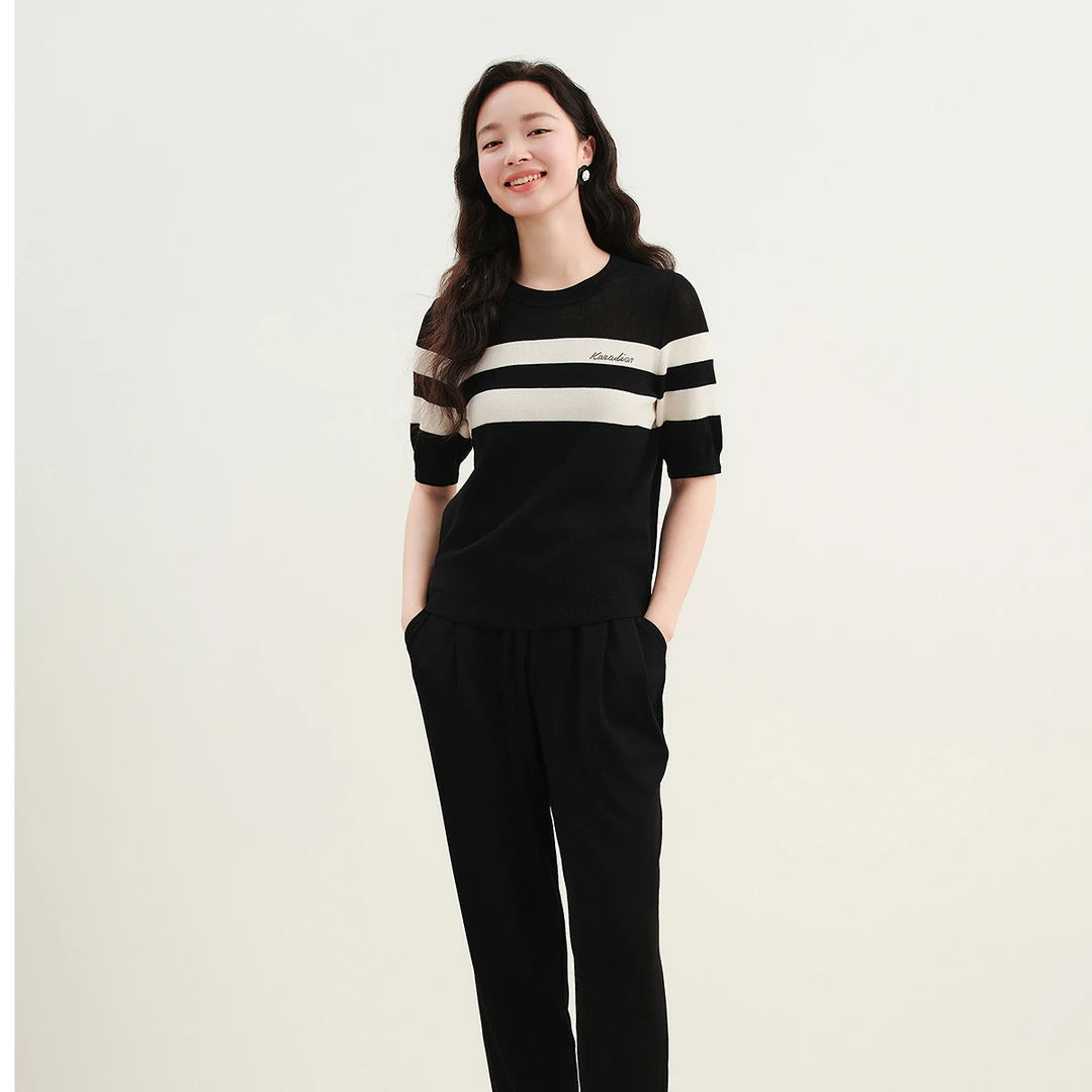 【羊羊专属】珂莱蒂尔阳光棉舒适亲肤通勤简约黑白条纹针织衫女