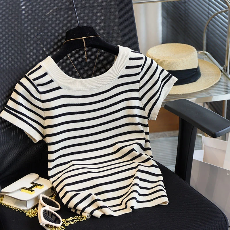 韩版法式U领条纹冰丝短袖针织T恤时尚修身显瘦短款大码上衣夏季潮