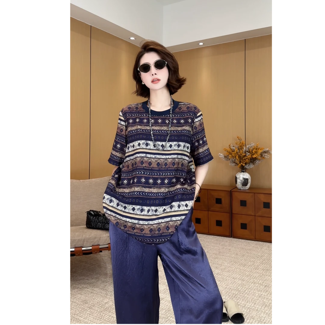 YYOYUHAN 2025新款【费尔岛风情】复古印花显瘦百搭T恤 2506C3254