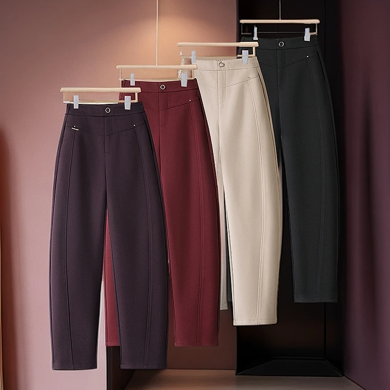 醋酸羊毛呢镰刀裤女秋冬2025新款加绒加厚高腰显瘦百搭休闲哈伦裤