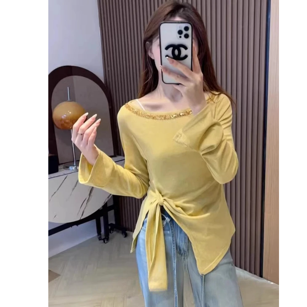 Not defined重工烫钻斜肩长袖t恤女春季流行穿搭绑带收腰打底上衣