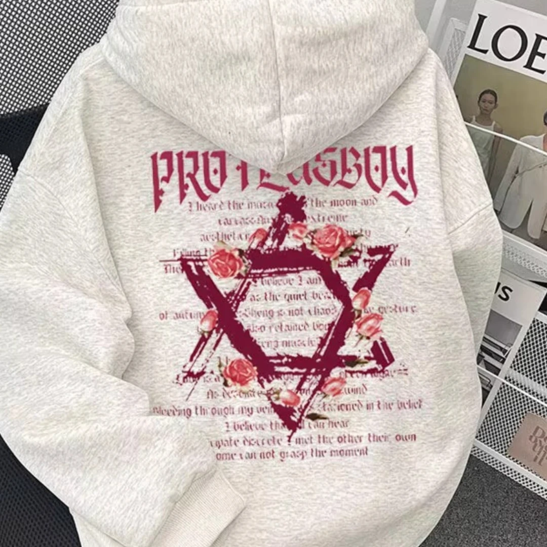 秋冬美式玫瑰六芒星字母印花连帽卫衣男女加绒潮牌情侣款宽松上衣