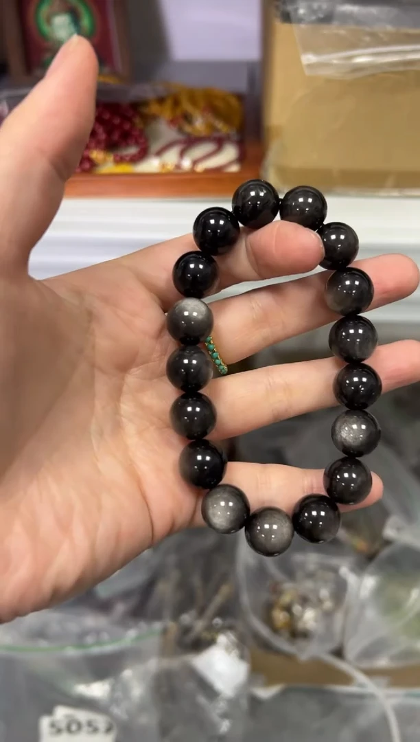 【闪购商品】黑曜岩手链未镶嵌银曜石圆珠素圈手串[0927]