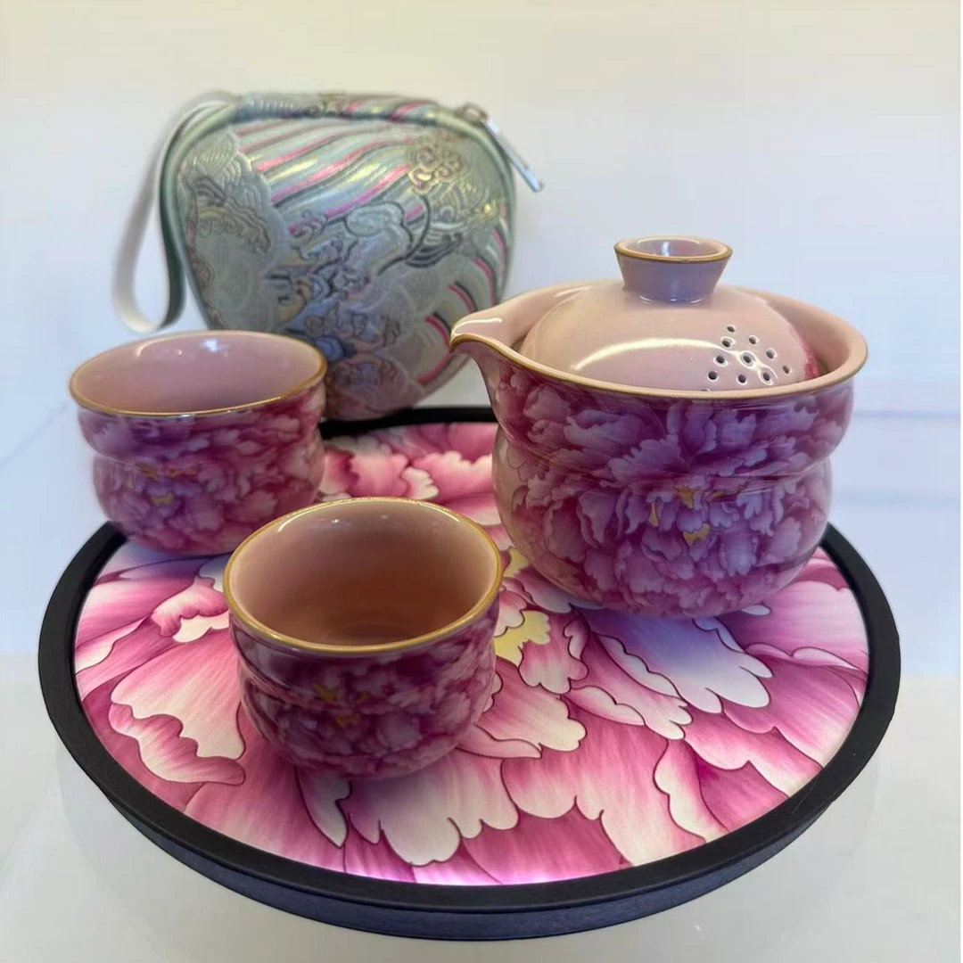 牡丹葫芦旅行茶具+牡丹吸水圆盘ZH1272