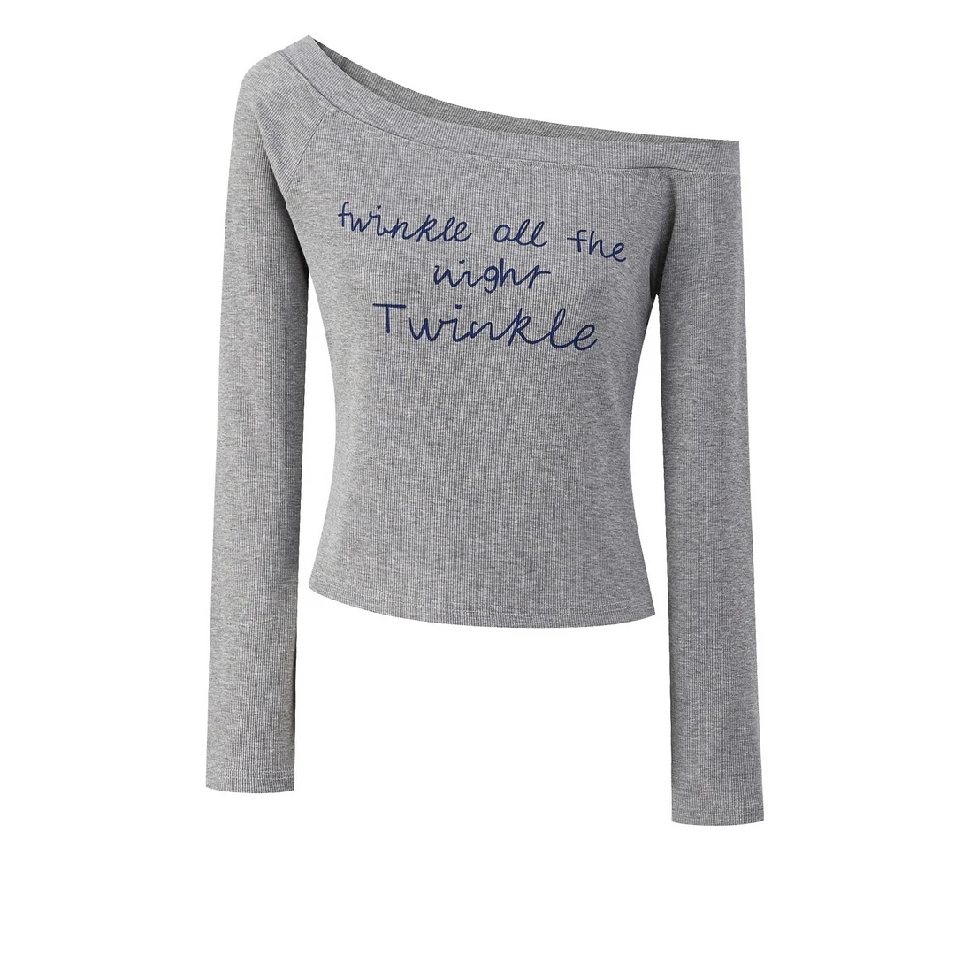 羊城故事-灰色字母印花斜肩长袖t恤女2025新款修身上衣 Y50752548