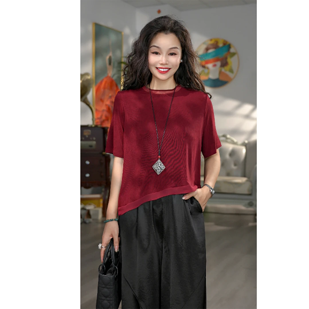 无印心匠A804 醋酸短袖蕾丝拼接透气宽松纯色T恤夏季K1974