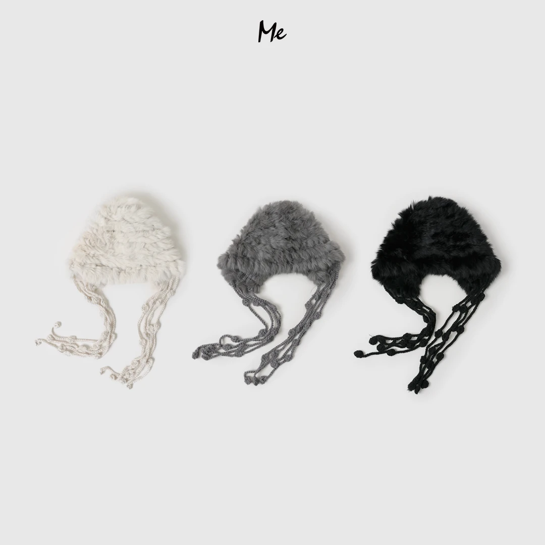 ME【流苏护耳帽】兔毛皮毛线钩花流苏加厚防寒保暖毛绒帽子MEQA3990
