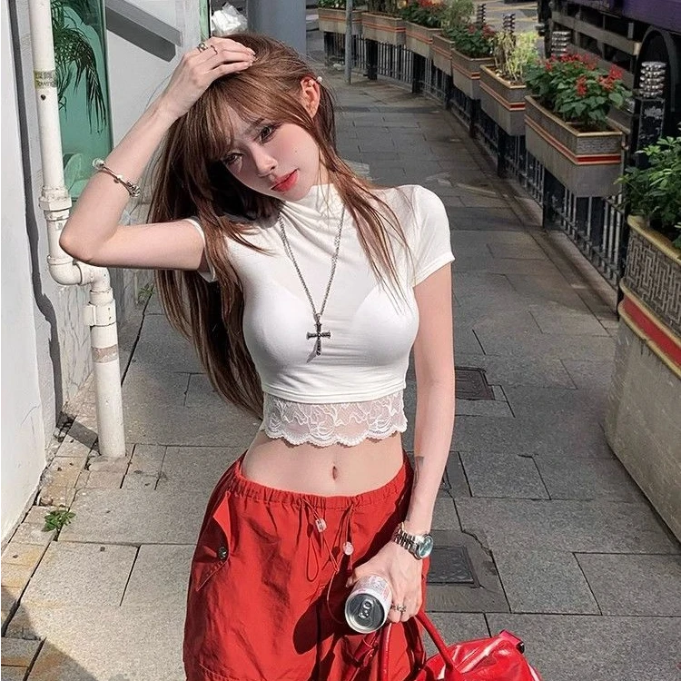 蕾丝拼接设计感半高领正肩短袖T恤女夏内搭纯欲紧身短款显瘦上衣