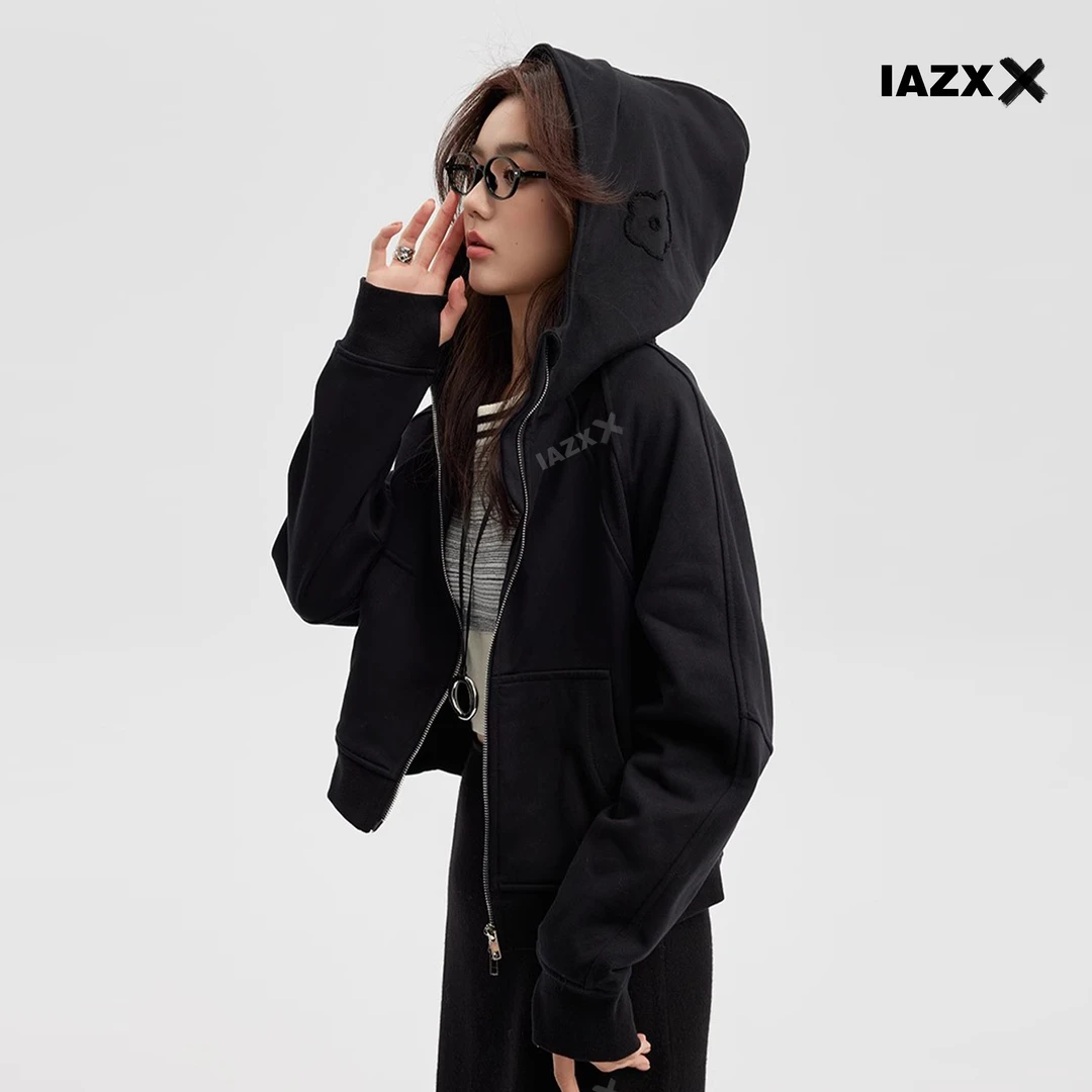 IAZXX「 水墨 」带帽纯色解构拼接立体刺绣拉链卫衣
