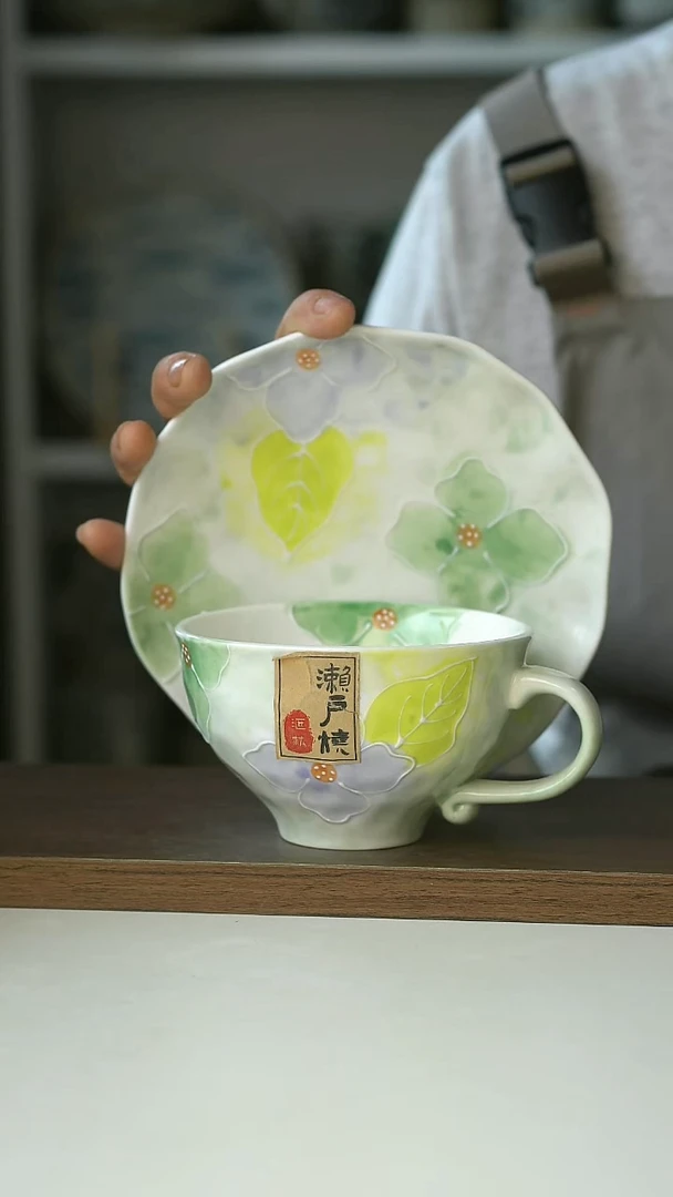 微瑕濑户烧手绘繁花荷口杯碟240ml@4-2@