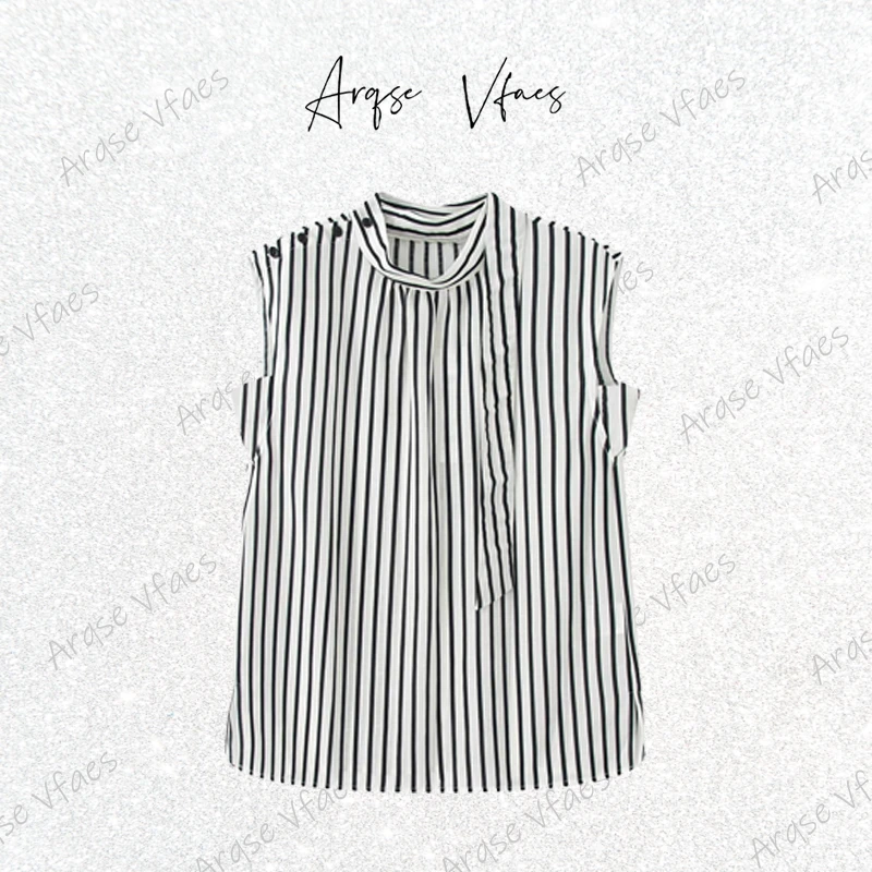 迪家同款2025夏新款圆领宽松型时尚条纹无袖衬衫薄款上衣Y366730