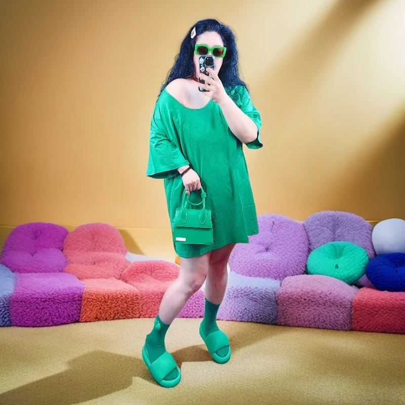 2025夏季大码90-300斤欧韩宽松前短后长开衩大U领凉感短袖T恤女夏