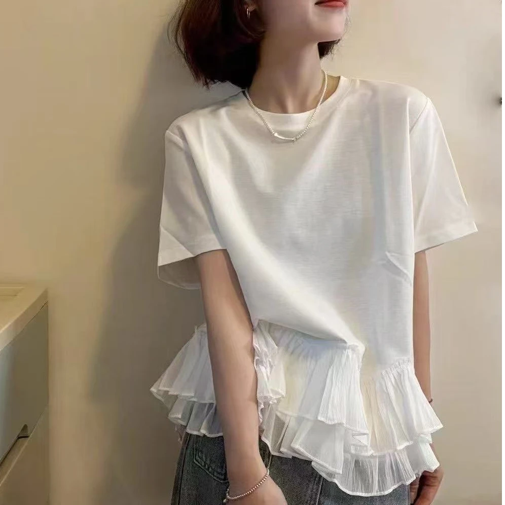 【锦衣服饰】JFLS 5220韩系下摆网纱拼接圆领短袖T