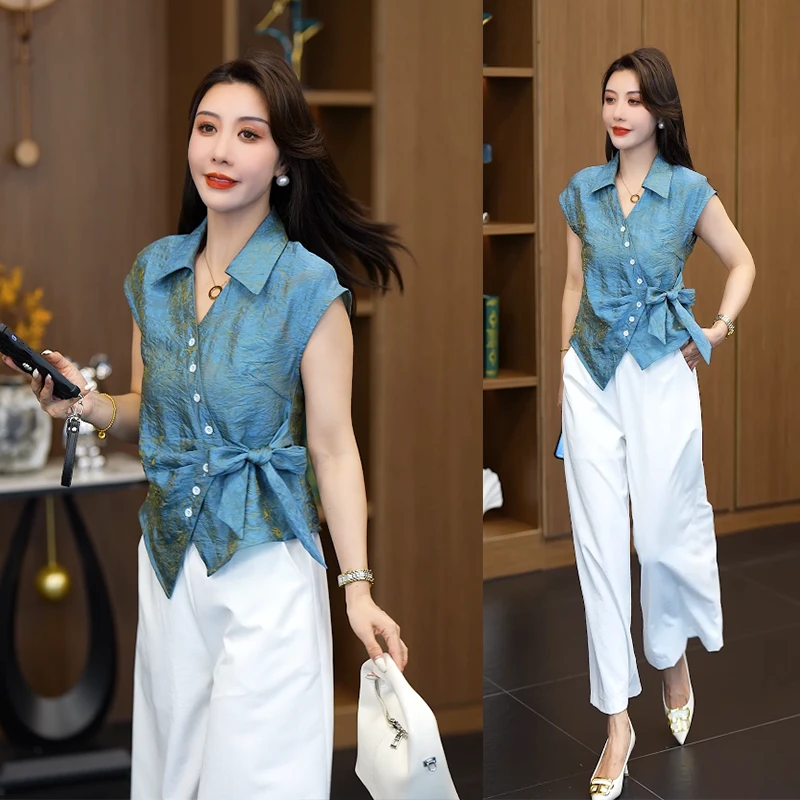 夏季新款2025时尚国风绑带不规则收腰洋气衬衫小衫上衣修身设计感