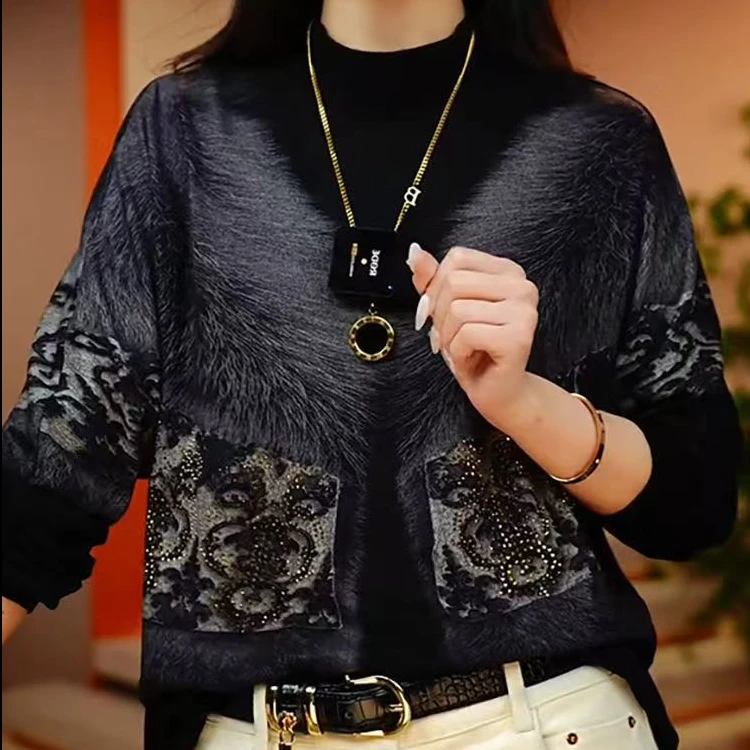 【数码印花】澳绒长袖百搭打底衫女士显瘦减龄打底衫女款设计感