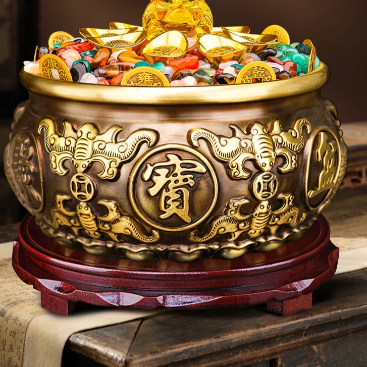 2025新款复古玄关貔貅黄铜聚宝盆双鱼聚宝盆大号分创意摆设工艺品