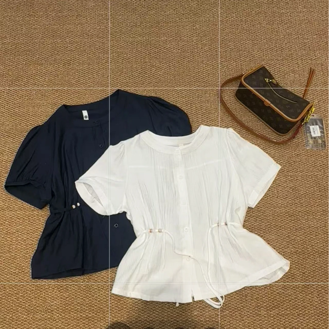 美美服装店 0820夏日轻薄短袖衬衫  宽松显瘦抽绳收腰