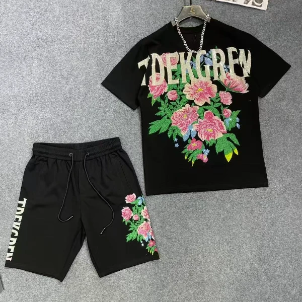 短袖男百搭情侣个性黑色夏季时尚休闲宽松潮流重工烫钻花朵高奢
