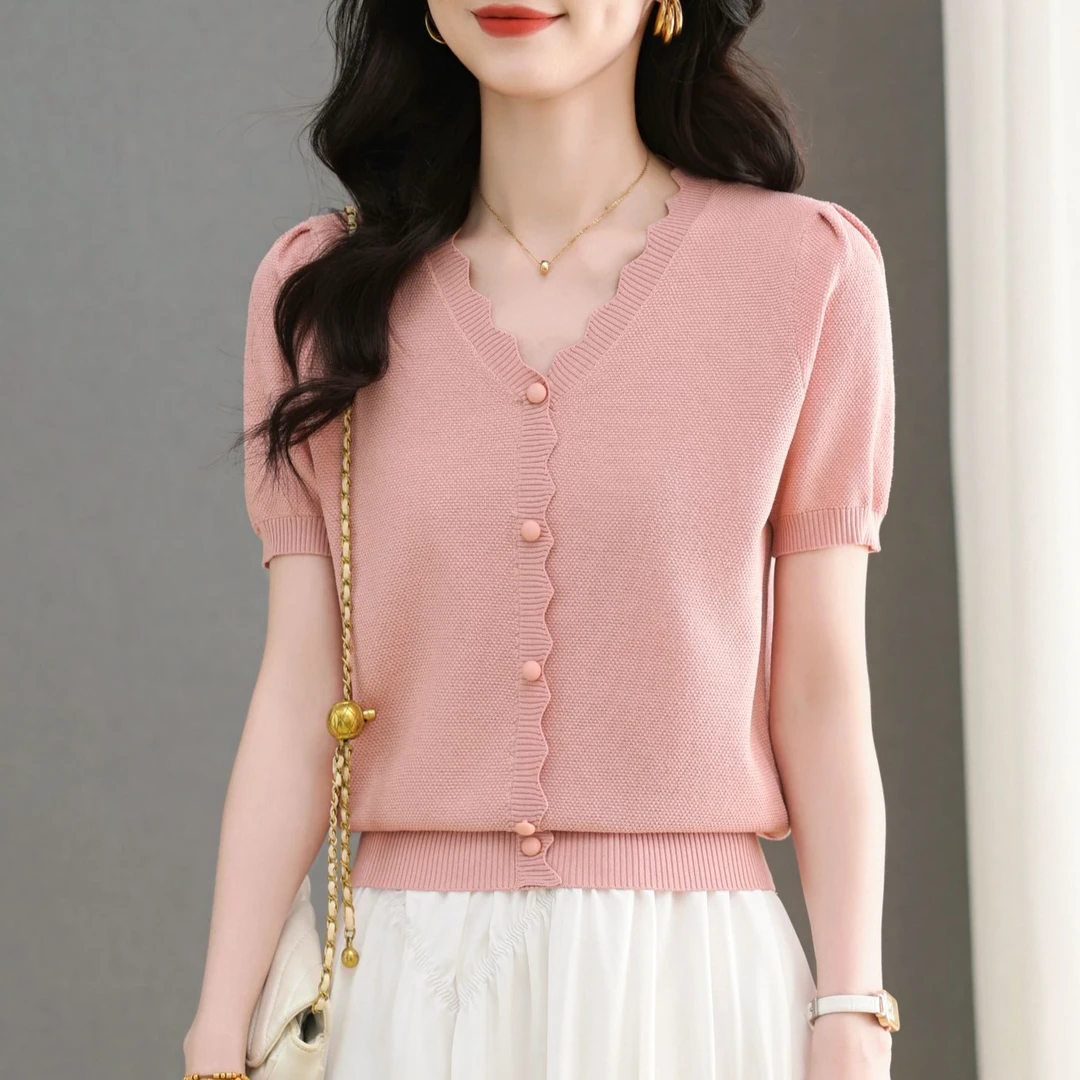 【天丝】纯色镂空V领假开衫薄款2025夏爆款新款短袖女宽松洋气小衫