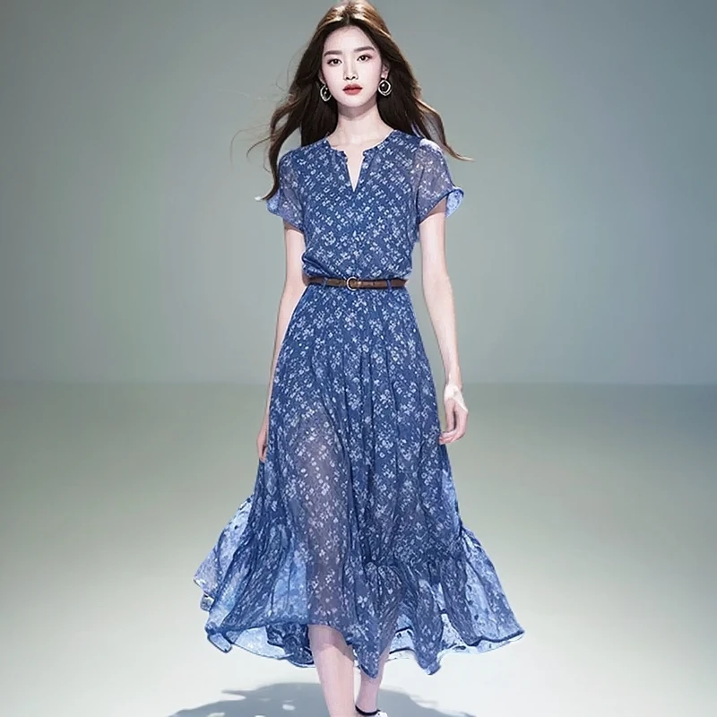 茶歇法式超好看端庄大气温柔风别致绝美显瘦蓝色雪纺连衣裙子女夏