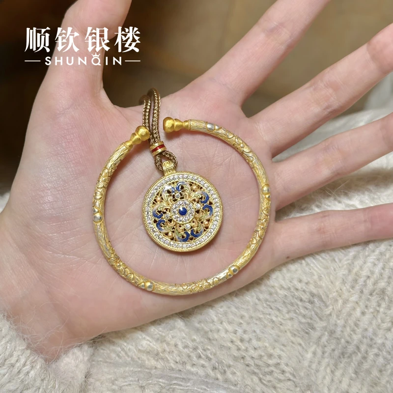 顺钦银楼 吊坠足银合成锆石 【琼蕊套链】足银999.9新中式精致套链