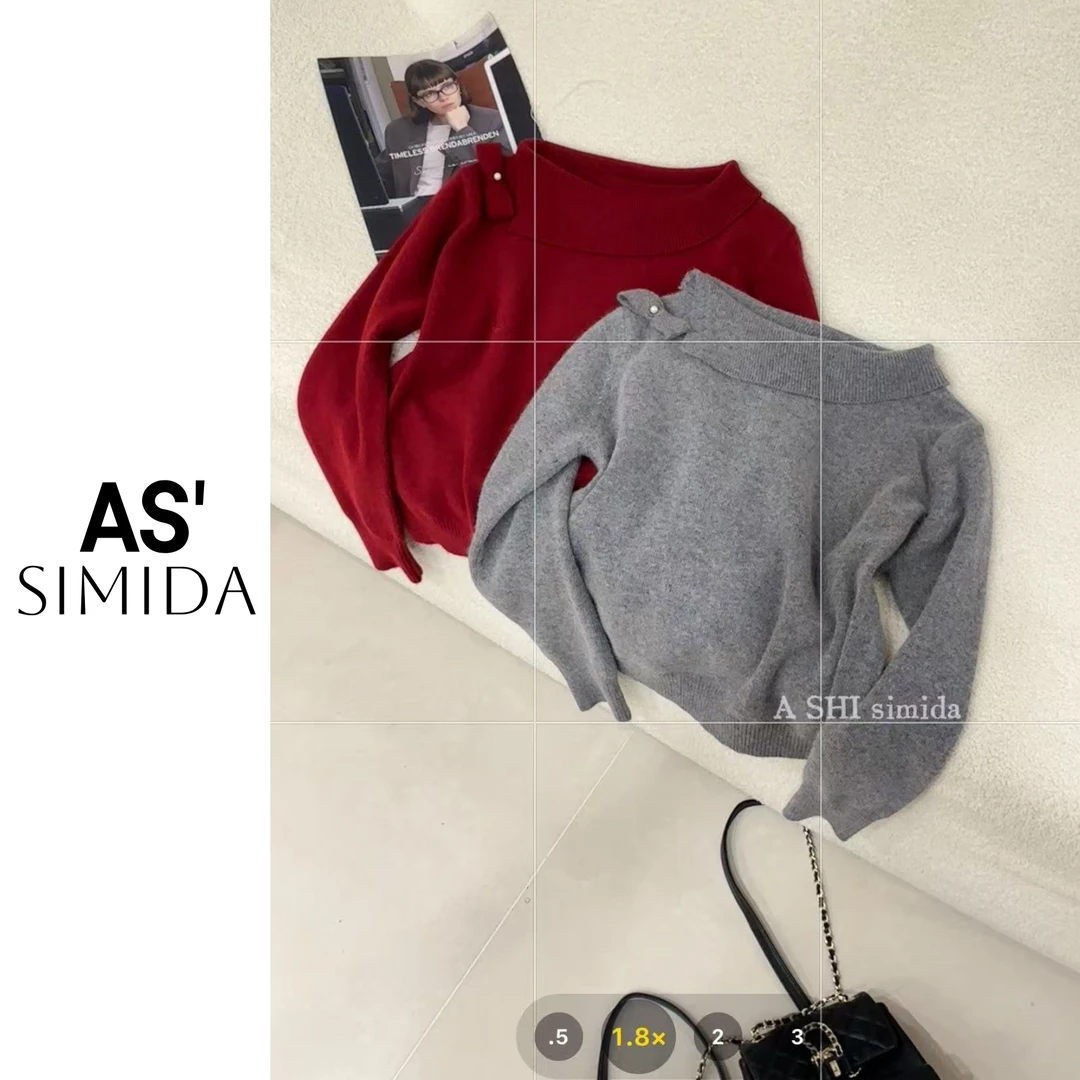 SIMIDA诗觅  韩系温柔气质感一字肩婴驼绒毛织上衣【不建议机洗】
