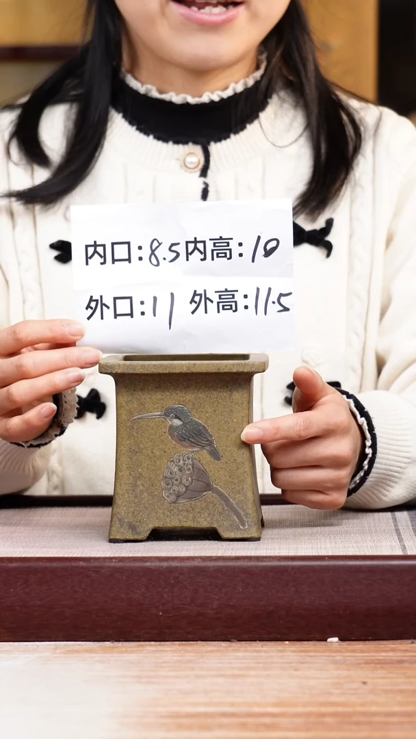 紫砂花盆龙骨绘莲子鸟小四方一只无托
