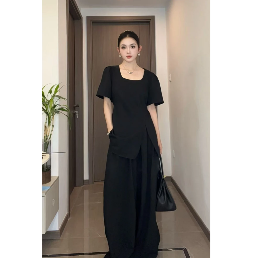 2025夏韩版简约小众设计感纯色开叉短袖T恤高腰阔腿长裤两件套