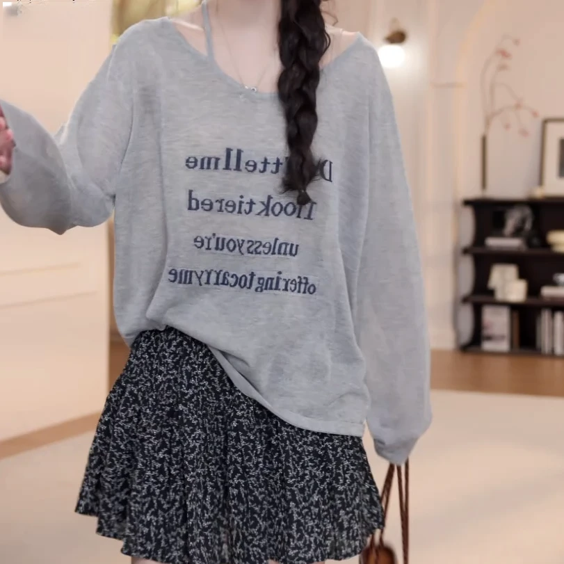 夏季薄款字母肩带长袖防晒T恤C5298