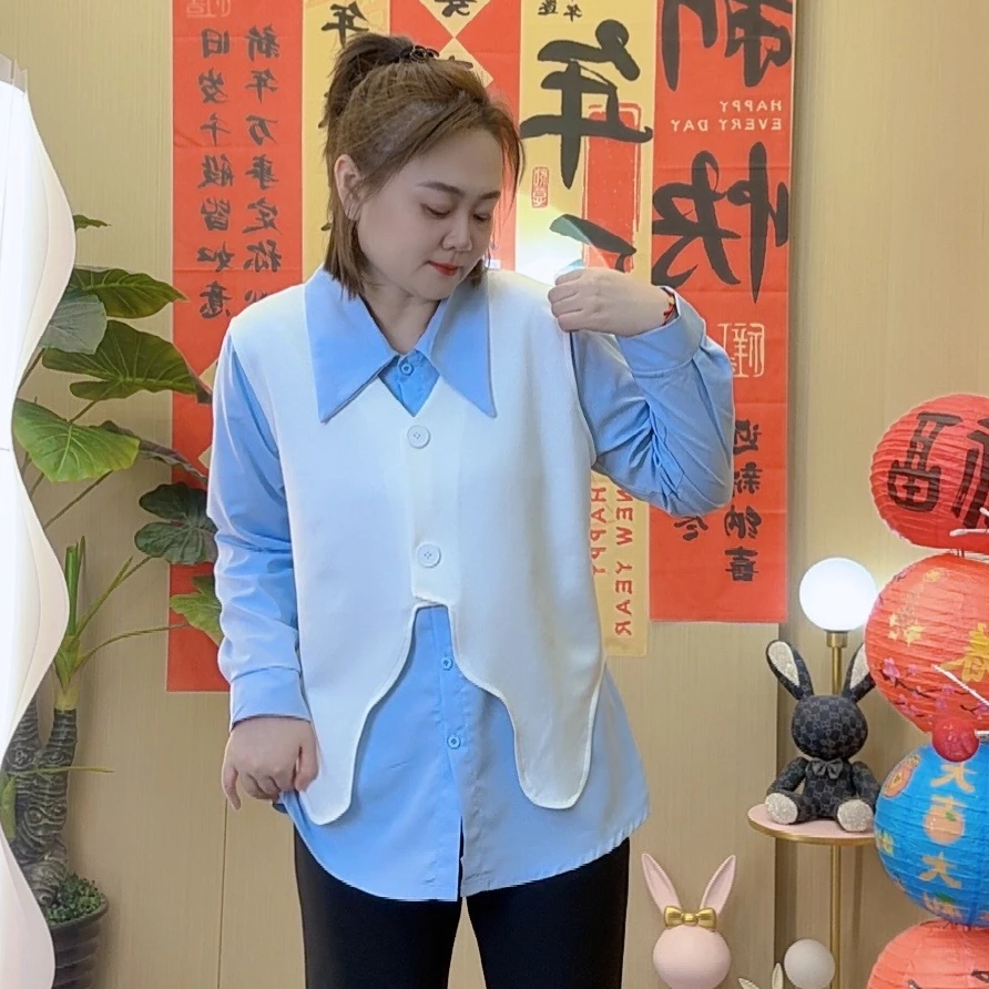 2025春季新款两件套马夹衬衫套装显瘦气质长袖时尚百搭宽松翻领