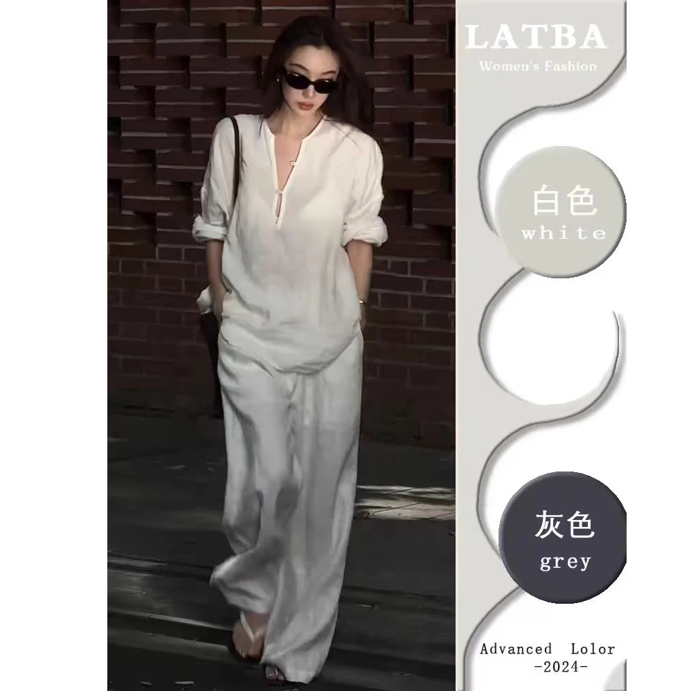 春季穿搭一整套高级松弛感休闲老钱风白色仿亚麻衬衫裤子两件套装