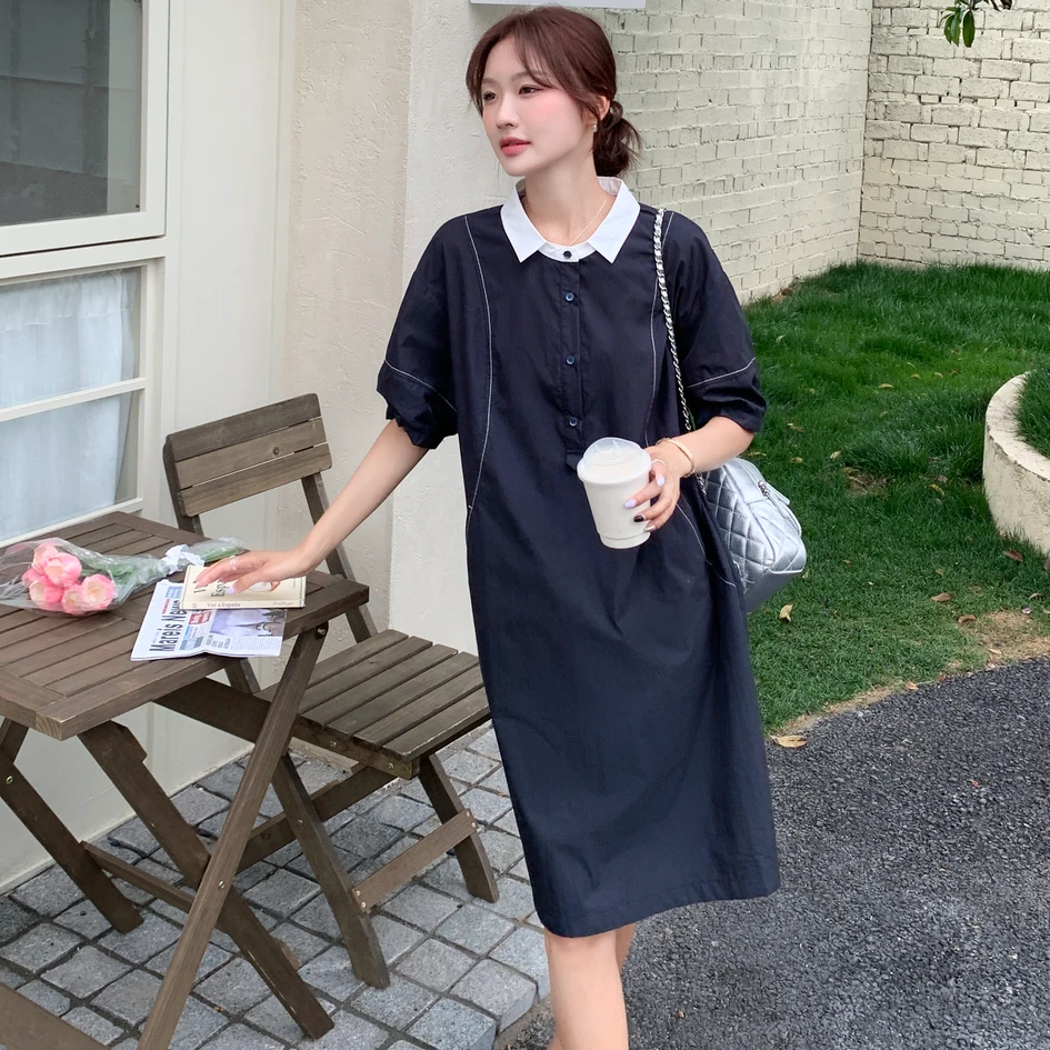 夏季polo领中长款小个子宽松休闲直筒裙今年流行爆款遮肉连衣裙女