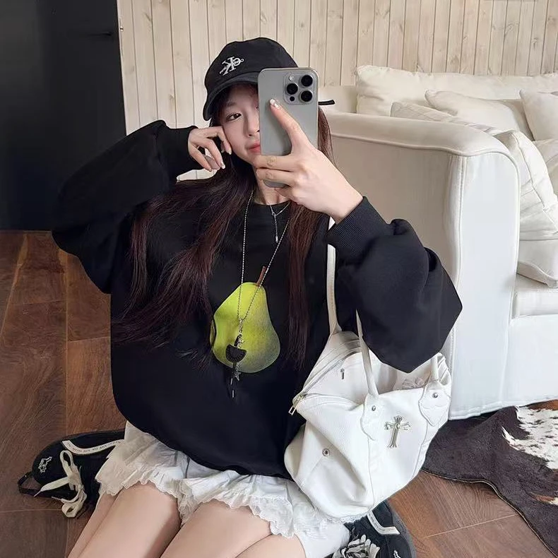 韩系水果印花雪花亚麻慵懒感卫衣女秋季新款趣味宽松百搭长袖上衣