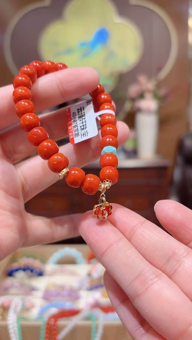 【闪购商品】南红玛瑙手链18K金镶嵌特级南红锦红设计款