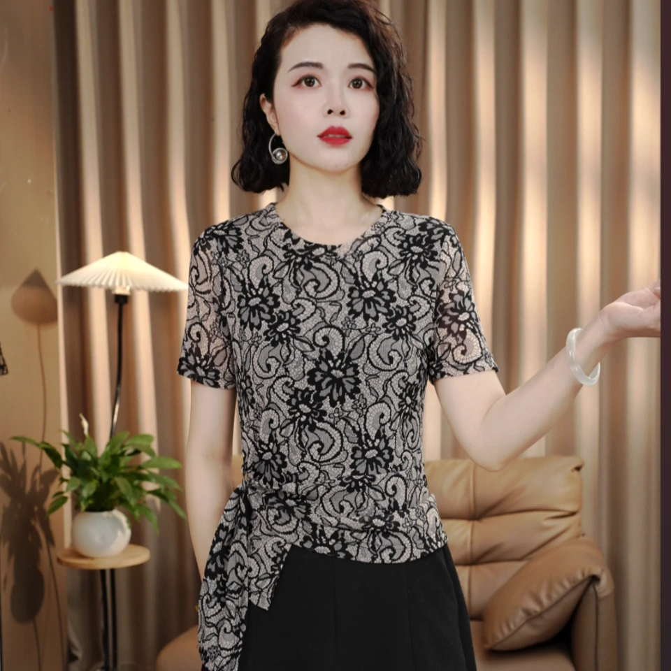 夏季新款减龄妈妈装时尚百搭黑花飘带女装气质显瘦薄料女士T恤