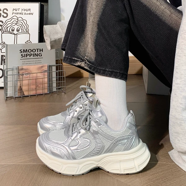 人本银灰色老爹鞋2025新款爆款春季百搭女鞋厚底增高休闲运动鞋子