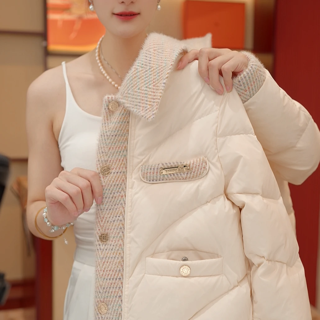 SJ-25新款时尚小香毛尼拼接羽绒服