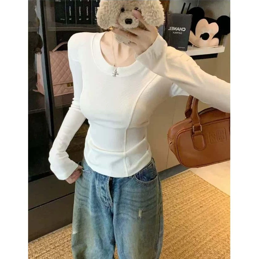 XIAO SISTERS/筱姐妹正肩U领鱼骨线条修身长袖t恤百搭小蛮腰上衣