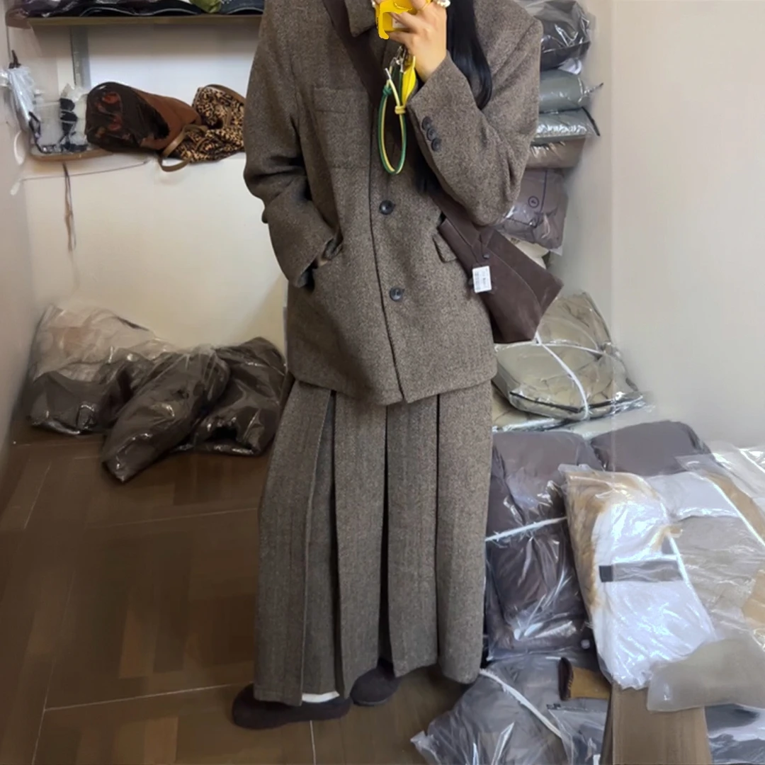 复古毛呢西装套装女冬季美拉德棕色高级感西服外套半身长裙两件套